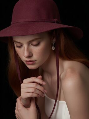 Women's Wide-Brim Wool Hat in Burgundy with Tie Detail
